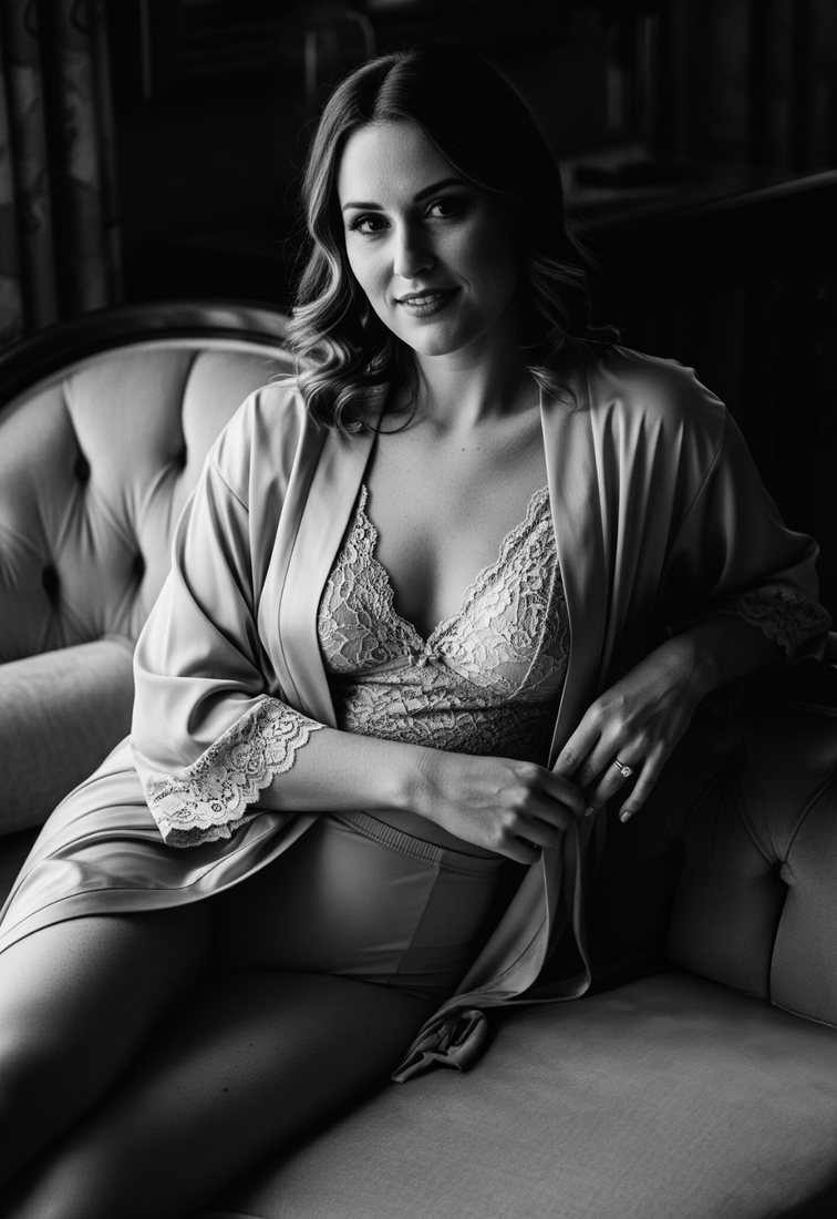 Femeie relaxată în halat, pregătire mentală pentru boudoir — Demeter Studios