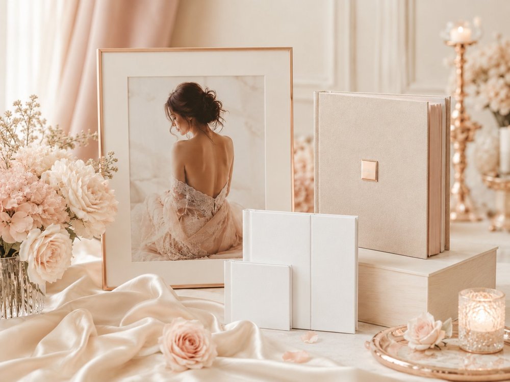 Albume foto premium — album bej cu cutie și print înrămat